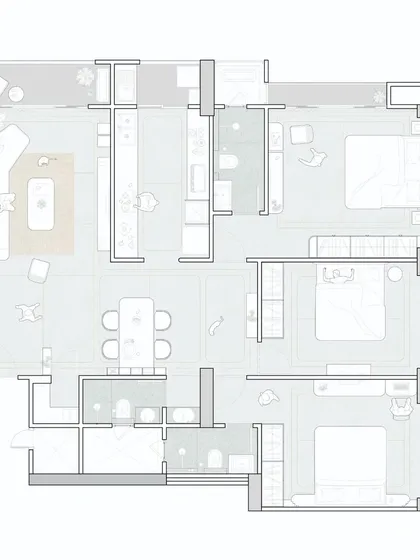 The complete floor plan for 'The Time Capsule' apartment. This architectural drawing highlights the overall vision, showing how each room connects to create a cohesive and calming home environment.