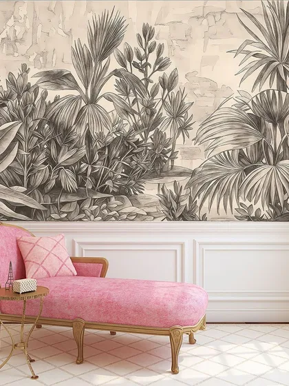 A classic black and white jungle sketch wallpaper, paired with elegant wall paneling for a timeless and sophisticated look.