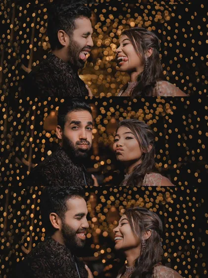 A playful and fun photo collage of the couple against a backdrop of bokeh fairy lights, showing their fun-loving personalities.