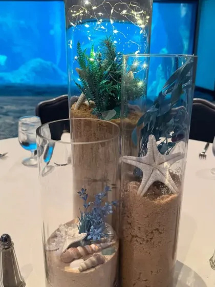 The details matter. Our underwater-themed table centerpieces feature sand, seashells, and fairy lights to create a beautiful, glowing ocean scene.