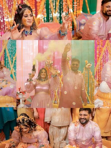 A fun-filled collage summarizing the entire Haldi event. It includes couple portraits, moments with color smoke, and the playful application of turmeric by guests.