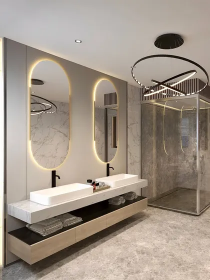 Where minimalism meets indulgence. This bathroom design combines clean lines, soft backlit mirrors, and rich marble finishes to create a serene yet luxurious space, achieving a perfect balance of functionality and timeless sophistication.