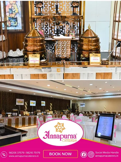 Here is another view of a pink-themed event setup at our banquet hall. The bottom panel provides a closer look at our traditional copper serving pots, which we use to keep food warm while adding an authentic touch to the buffet presentation.