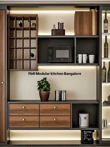 My work extends beyond countertops to complete home solutions. This bespoke bar and pantry unit features integrated backlighting, a custom wine rack, and a mix of open and closed storage to create a functional and elegant display.
