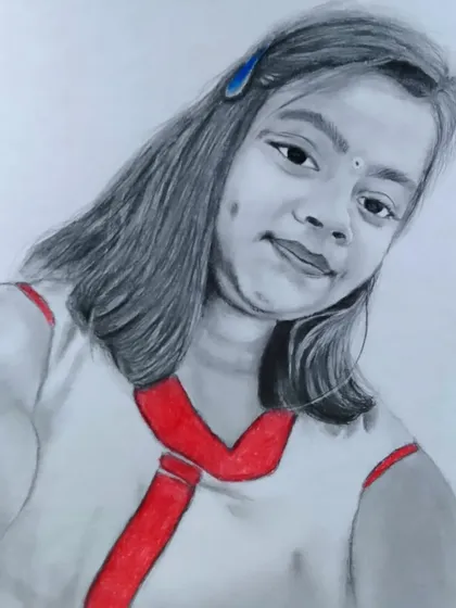A sketch of a young girl where I used red to highlight the details on her dress, making the portrait more playful.