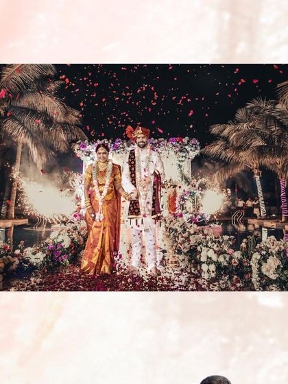 A grand Varmala moment at a destination wedding in Goa. We used the stunning palm trees and night sky as a backdrop, enhanced with pyrotechnics and flower showers.