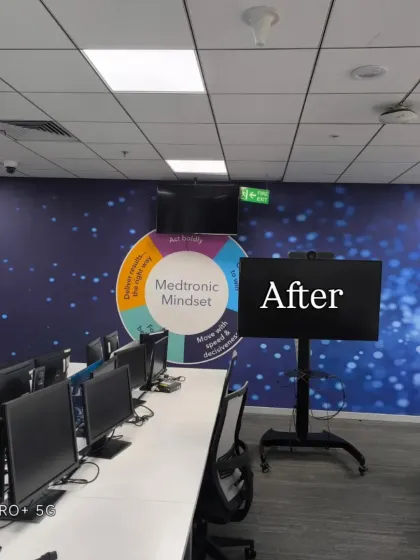 An 'after' shot of a corporate office project for Medtronic. I installed branded wall murals to transform a plain white office into a vibrant and motivational workspace.