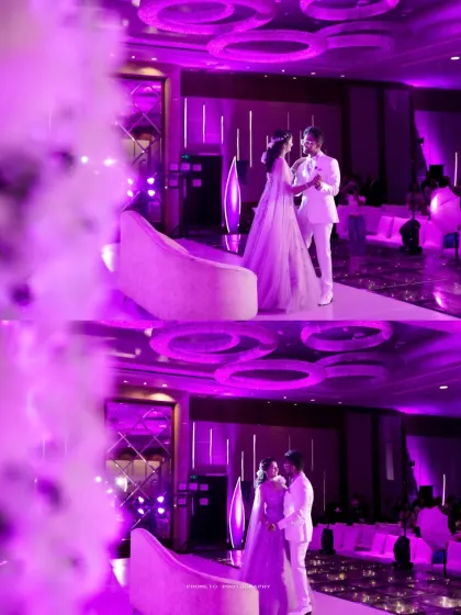 A wide-angle collage showing the couple's dance on stage, capturing the scale and vibrant atmosphere of the event.