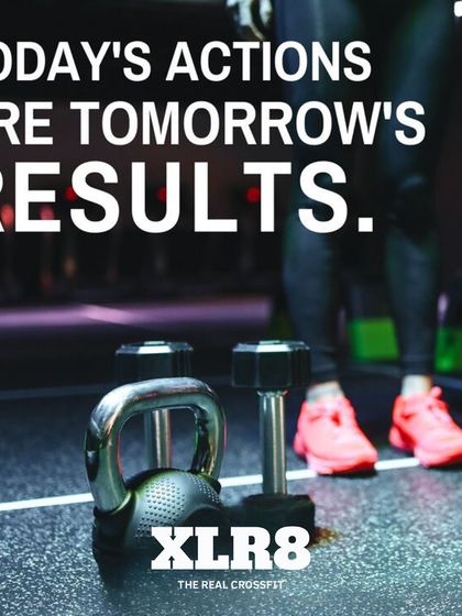 Today's actions are tomorrow's results. A motivational quote over a picture of kettlebells and dumbbells.