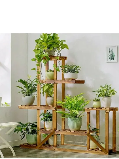This large, multi-level wooden plant stand provides ample space for an entire collection of plants. Its open, ladder-like design ensures each plant gets enough light, turning any room into a green oasis.