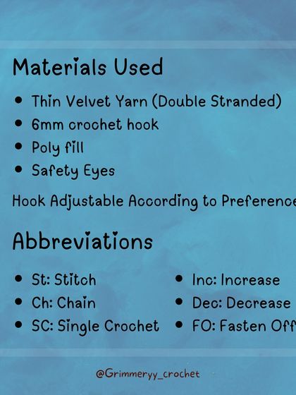 Here is the full materials list for the octopus, including the thin velvet yarn and 6mm hook I used. You'll also find a key for all the crochet abbreviations used in the pattern.