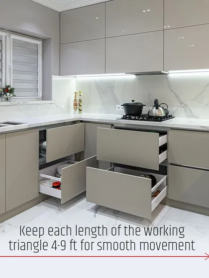 For smooth movement in the kitchen, I design the working triangle to be between 4-9 feet. This ensures an efficient workflow between key areas.