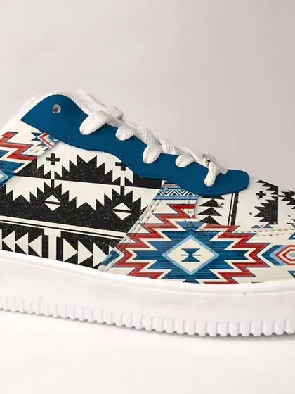 Inspired by the geometric symmetry of Himalayan weaves, this design brings the cultural heritage of the Kullu region to a sneaker. I love the bold, repeating patterns.
