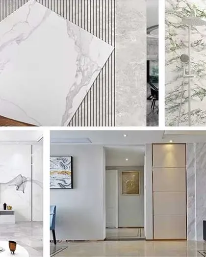 See how our UV marble sheets and laminated plastic panels can completely transform a space. This collage shows their application in living rooms, bathrooms, and on TV unit walls, offering an elegant and practical solution.