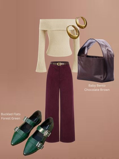 A styling flat lay showing how to pair the forest green buckled flats. The deep green works beautifully with rich burgundy and cream, creating an elegant and modern color palette for a chic evening look.