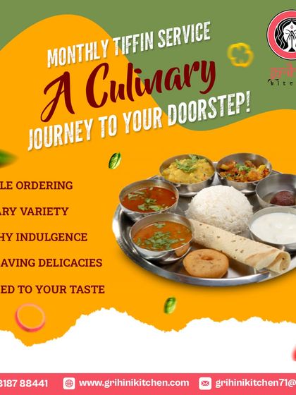 My monthly tiffin service is a culinary journey to your doorstep. This graphic highlights the key benefits: flexible ordering, culinary variety, healthy indulgence, and meals tailored to your taste.