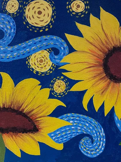 A detailed close-up of the finished mural, showing the texture of the swirling sky and the bright petals of the sunflowers.