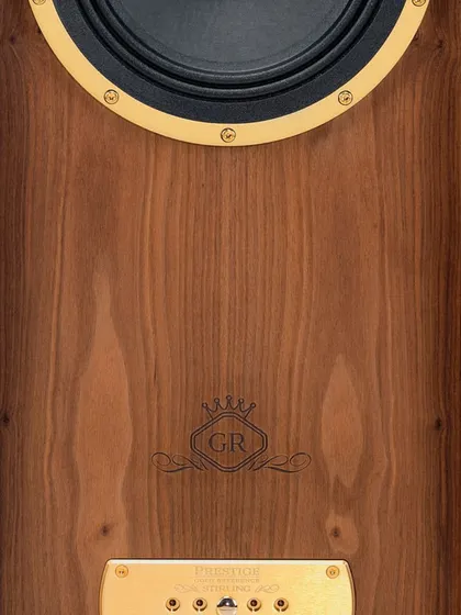 A detailed shot of the Tannoy Stirling's gold-anodized aluminum trim and adjustment panel, which allows for subtle tuning of the high-frequency output.