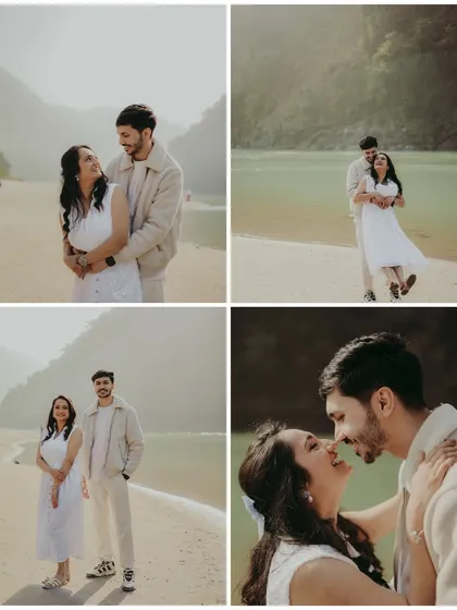 A collage of a couple's romantic and playful moments on the beach in Rishikesh.