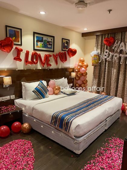 A complete view of the room, showing how I can decorate for two occasions at once with both birthday and romantic elements.