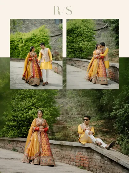 A collage of portraits from a Haldi ceremony in the hills. The couple's coordinated yellow outfits shine against the lush green background, capturing their radiant glow.