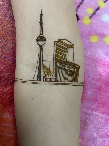 The clean, initial outline of the Toronto skyline design. I ensure the proportions and details are accurate before filling in the patterns.