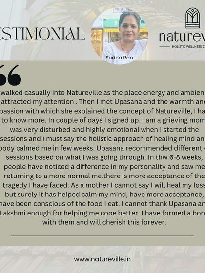 Sudha came to Natureville as a grieving mother and found a path to healing her mind and body. Through a holistic approach combining nutrition and emotional support, she found calm, acceptance, and a new, conscious relationship with food.