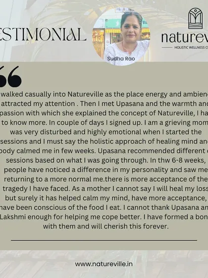 Sudha came to Natureville as a grieving mother and found a path to healing her mind and body. Through a holistic approach combining nutrition and emotional support, she found calm, acceptance, and a new, conscious relationship with food.