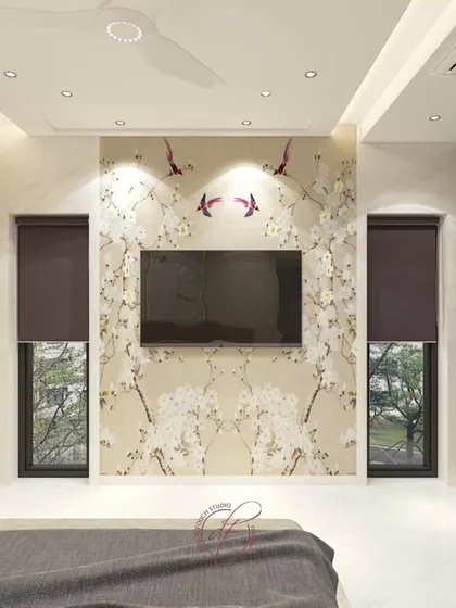 This render focuses on the media wall in the bedroom, with its beautiful floral and bird wallpaper. The design creates a captivating focal point and brings a sense of calm to the room.
