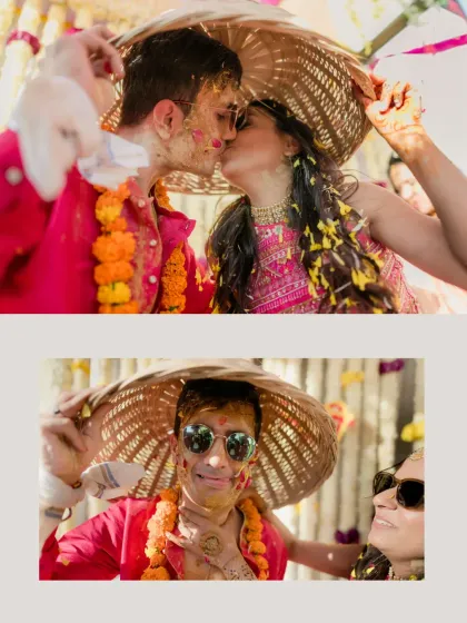 A collage capturing the couple's playful kiss and the groom's fun pose during the Haldi ceremony.