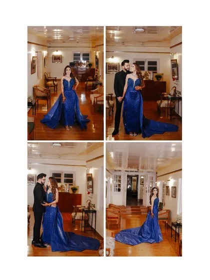 A collage showcasing the bride's magnificent blue engagement gown from all angles. It highlights the fashion and glamour of the evening.