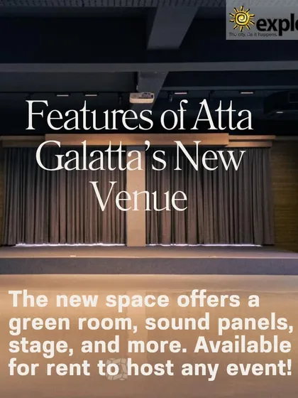 An image from Explocity detailing the features of our new venue, including a green room and sound panels.