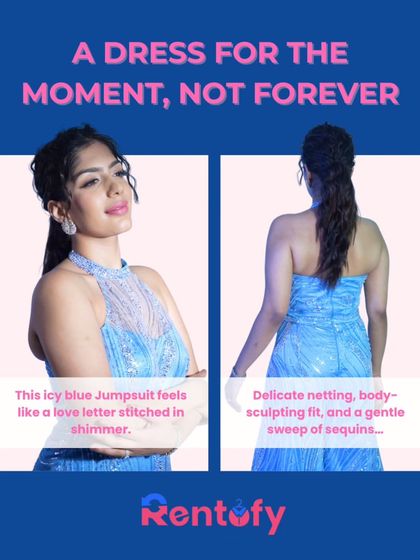 A moment in icy blue. This graphic breaks down the features of our stunning blue shimmer jumpsuit, from its delicate netting to its body-sculpting fit.