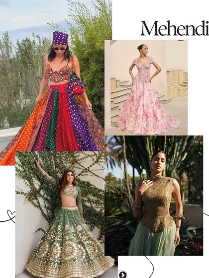 For the Mehendi, I love looks that are colourful and intricate. This board features a multi-coloured lehenga, a floral gown, and a rich green mirror-work outfit, offering diverse inspiration for this fun event.