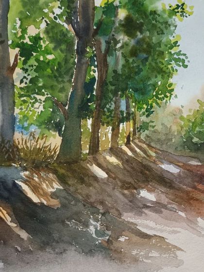This watercolour landscape demonstrates how to use shadows to create a sense of depth and time of day. The long shadows suggest the warm light of the late afternoon.