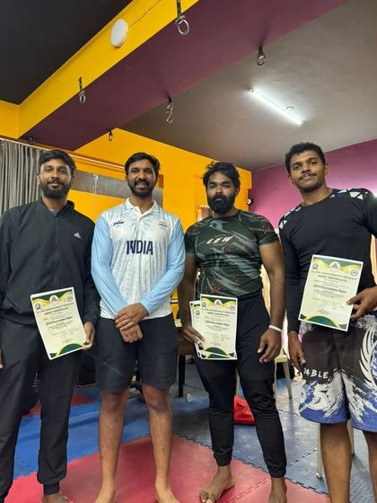 Posing with my coaches and fellow competitors after the Karnataka Open 2024. The support from your team is just as important as the work you do on the mats.