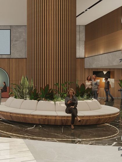 A 3D render and material palette for the commercial lobby. This visualization brings the concept to life, showing the interplay of fluted wooden panels, various marbles, and greenery to create a sophisticated and functional space.