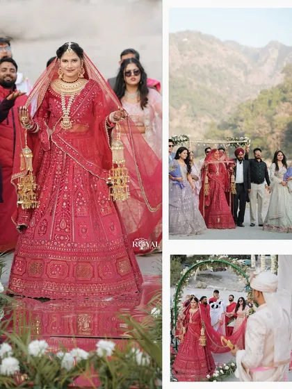A collage capturing the bride's grand entrance, her walk down the aisle, and the moment she meets the groom.