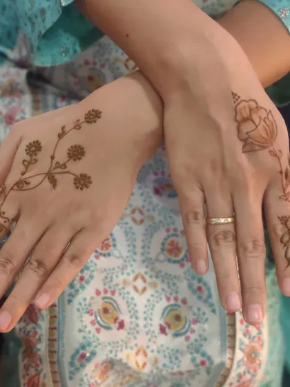 A perfect example of minimalist designs for a corporate party. Each hand has a different simple motif, like a floral vine or a single lotus, showing how quickly I can create elegant art for large groups.