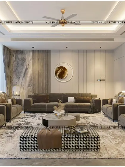 The seating arrangement in the drawing room is designed for conversation, with multiple sofas and a distinctive houndstooth ottoman. The use of a large area rug helps to define the lounge space within the open-plan room.