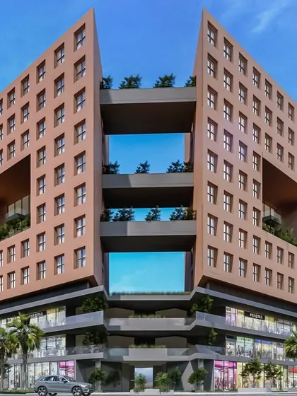 A frontal view of the "symbiotic" residential structure, highlighting the large openings that create sky gardens and allow for cross-ventilation. The design challenges traditional boundaries by integrating nature vertically through the building.
