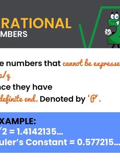Irrational numbers are numbers that cannot be expressed as a simple fraction (p/q). Their decimal representation goes on forever without repeating, like Pi or the square root of 2.