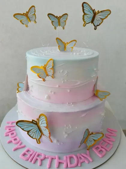 Another beautiful two-tier butterfly cake with a pink and blue ombre design.