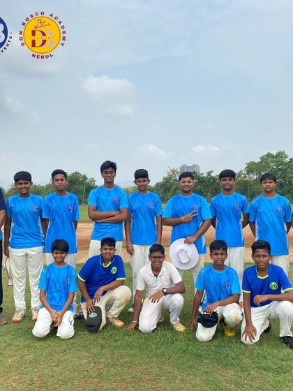 A team photo of our youth cricket squad at the Don Bosco Academy in Nerul. Posing together on the field, these players represent the next generation of talent we are nurturing.