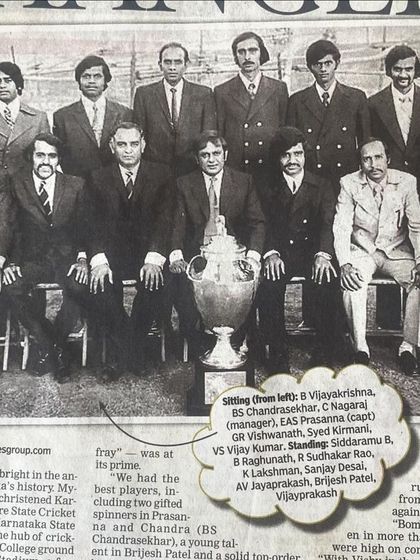 A historic photo of the 1974 Karnataka team that won the Ranji trophy for the first time. This image captures a golden moment in our state's cricket history.
