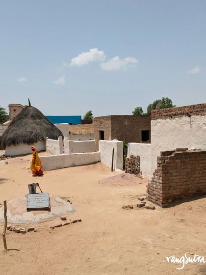 This is a view of an artisan's home in the village of Pugal, Rajasthan. The simple, beautiful architecture and the surrounding desert landscape are a constant source of inspiration for our work.