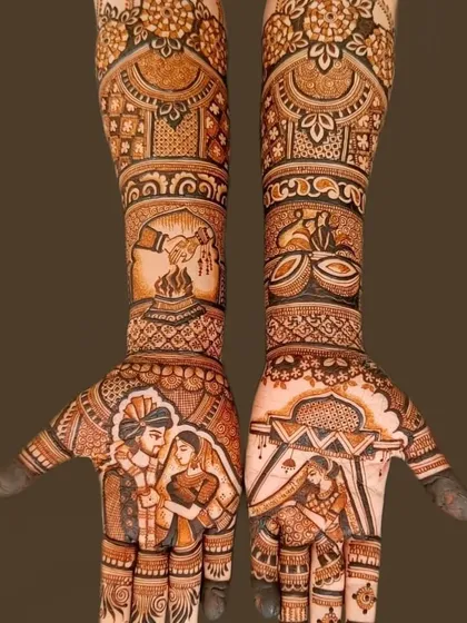 This design focuses on the wedding rituals, with a scene of the pheras around the sacred fire and the couple exchanging vows.