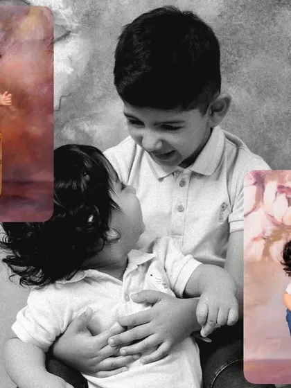 A collage featuring a mix of color and black and white edits from a sibling photoshoot. The B&W image in the center draws your eye to the emotional connection between the brothers.