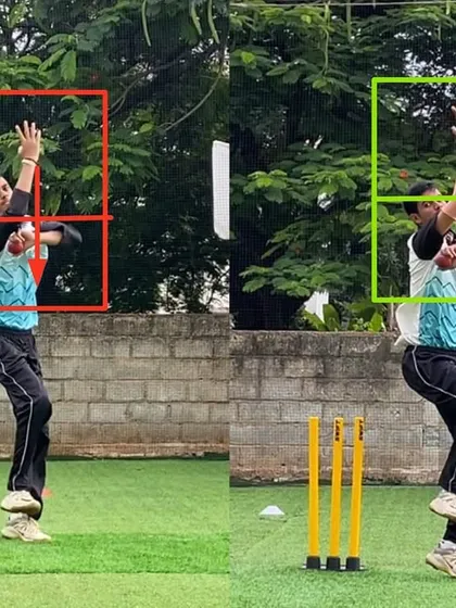 This left-arm orthodox spinner had an open front foot and poor non-bowling arm usage. In 28 days, we corrected his alignment and stability, as you can see in the 'after' shot.