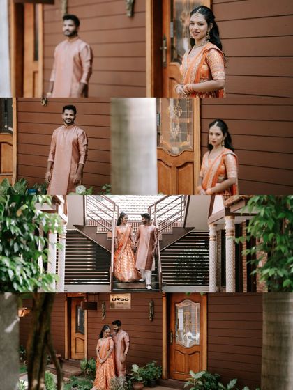 A collage of a couple's pre-wedding shoot, set in a rustic location. These shots capture their connection and style before the big day celebrations begin.
